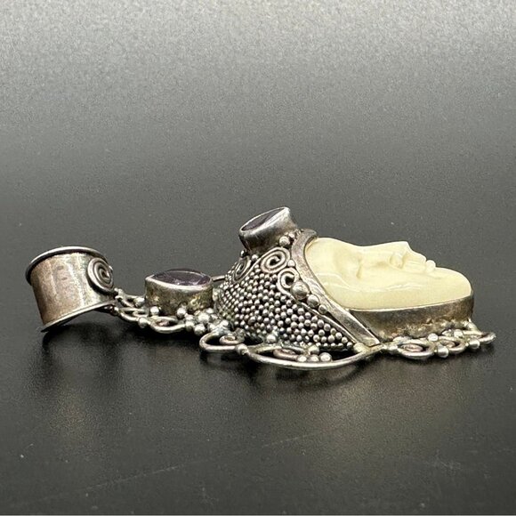 Sterling Silver Pendant Carved Goddess Face Purple Rhinestone Filigree Statement - Picture 2 of 9